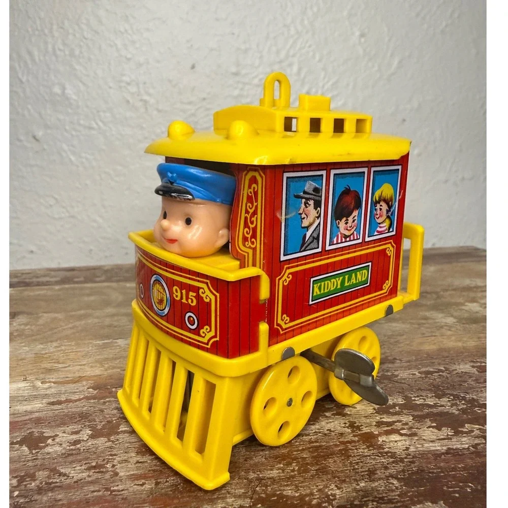 Vintage Tin Litho Wind Up Kiddy Land Tram Car Toy Mid Century Japan Yone